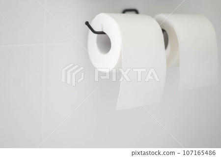 Black holder for white toilet paper. Two rolls. White background Black holder for white toilet paper. Two rolls. White background 107165486