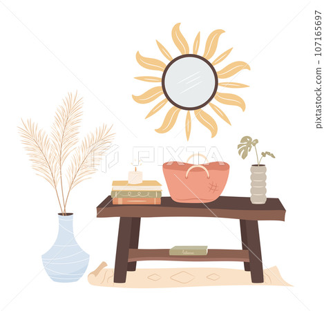 Cozy home. Bench in a hallway with pile of books, lighted candle and shooper bag. Cozy autumn days concept. Cozy home. Bench in a hallway with pile of books, lighted candle and shooper bag. Cozy autumn days concept. 107165697