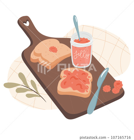 Raspberry jelly and toasts on a wooden tray. Morning breakfast concept. Cozy autumn days concept.  107165716