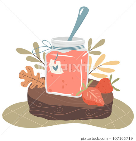 Jar of strawberry jelly on a wooden tray. Morning breakfast concept. Cozy autumn days concept.  107165719