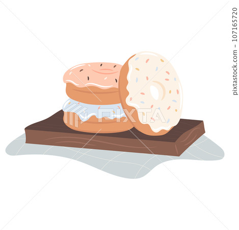Tasty doughnuts on the wooden tray. Vector illustration  107165720