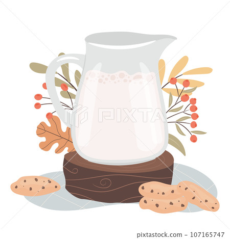 Milk and cookies. Jug of milk. Morning breakfast concept. Cozy autumn days Milk and cookies. Jug of milk. Morning breakfast concept. Cozy autumn days 107165747