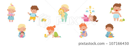 Cute Toddler Children Playing With Different Toys Vector Set Cute Toddler Children Playing With Different Toys Vector Set 107166430