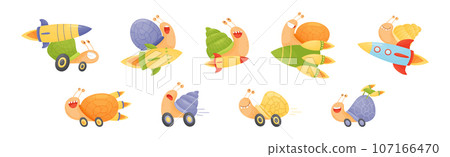 Fast Snails Funny Mollusk Character with Turbo Rocket Speed Booster Vector Set 107166470