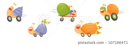 Fast Snails Funny Mollusk Character with Turbo Rocket Speed Booster Vector Set 107166471