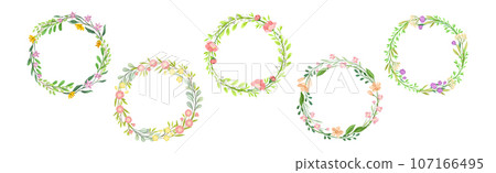 Floral Frame and Round Wreath with Blooming Twig Vector Set Floral Frame and Round Wreath with Blooming Twig Vector Set 107166495