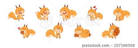 Cute Squirrel Character with Bushy Tail Engaged in Different Activity Vector Set 107166508