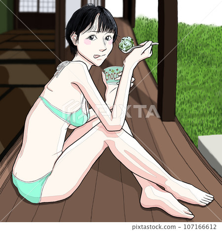 女孩坐在地板上吃冰淇淋 13 107166612