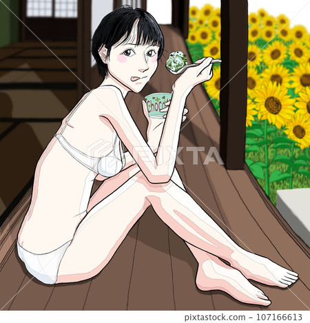 Girl sitting on the floor and eating ice cream 20 Girl sitting on the floor and eating ice cream 20 107166613