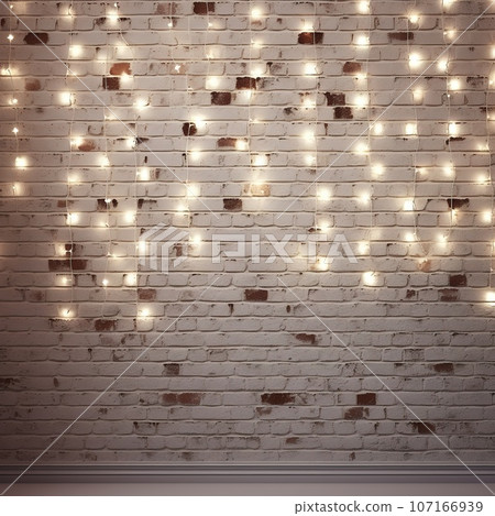 Minimalist white brick wall adorned with shimmering Christmas lights, perfect for background. Minimalist white brick wall adorned with shimmering Christmas lights, perfect for background. 107166939