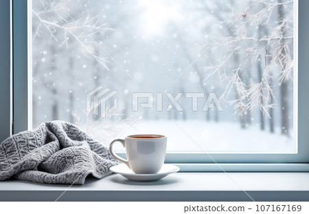 Cozy winter scene. Coffee, open book, and plaid on vintage windowsill in cottage, snowy landscape with snowdrift outside. 107167169
