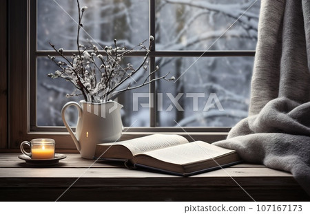 Cozy winter scene. Coffee, open book, and plaid on vintage windowsill in cottage, snowy landscape with snowdrift outside. 107167173