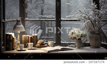 Cozy winter scene. Coffee, open book, and plaid on vintage windowsill in cottage, snowy landscape with snowdrift outside. 107167174