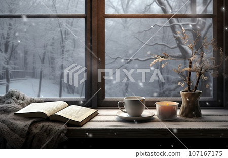 Cozy winter scene. Coffee, open book, and plaid on vintage windowsill in cottage, snowy landscape with snowdrift outside. 107167175