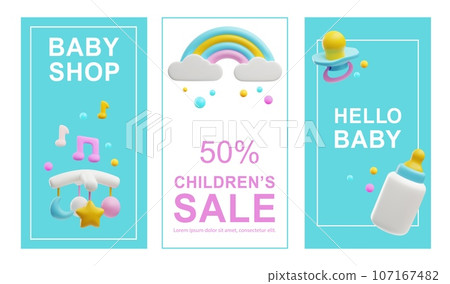 Flyers tamplate in 3d render design with entertaining childrens toy and nutrition for newborn, advertising for baby shop 107167482