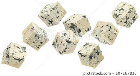 Falling blue cheese cubes isolated on white background, full depth of field Falling blue cheese cubes isolated on white background, full depth of field 107167835