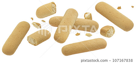 Italian savoiardi biscuits, ladyfinger cookies isolated on white background, full depth of field Italian savoiardi biscuits, ladyfinger cookies isolated on white background, full depth of field 107167838