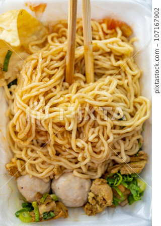 Close-up view of chicken noodles (mie ayam) 107167902