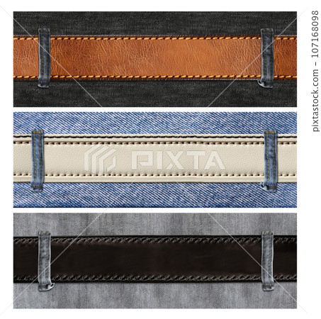 Collection of banners with denim of different color and and leather belt. Set of horizontal backdrop with denim jeans fabric texture and leather strap. Copy space for text Collection of banners with denim of different color and and leather belt. Set of horizontal backdrop with denim jeans fabric texture and leather strap. Copy space for text 107168098