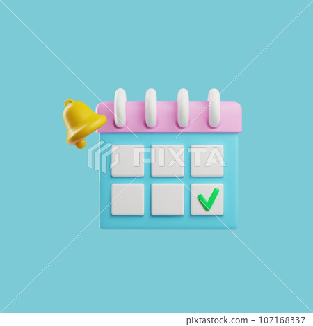 Calendar with marked day and ringing bell, 3d vector illustration isolated on blue background. 107168337