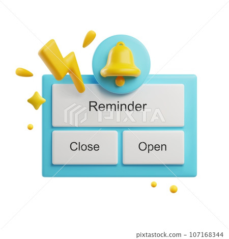 Reminder 3D rendering notifications page with buttons, flash lightning and yellow ringing bel, time management design Reminder 3D rendering notifications page with buttons, flash lightning and yellow ringing bel, time management design 107168344