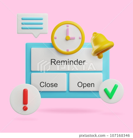 Reminder notification, clock and ringing bell 3D style, vector illustration 107168346