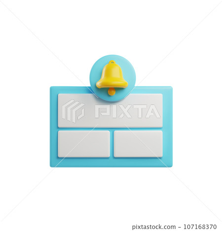 Reminder 3D rendering notifications page with buttons, yellow ringing bel, time management, planning, organizer design 107168370