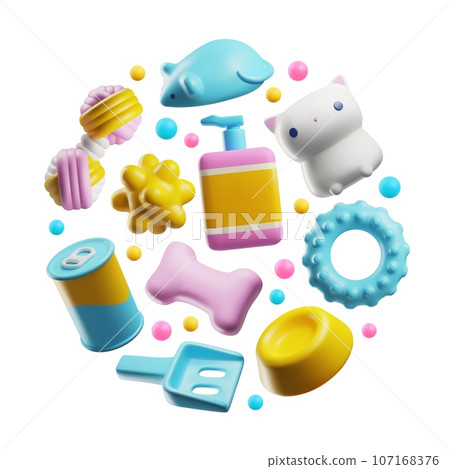 Set of toys and accessories for pet care, cute 3d vector illustrations isolated on white background. Set of toys and accessories for pet care, cute 3d vector illustrations isolated on white background. 107168376
