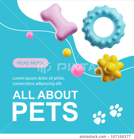 Poster tamplate with 3d rendering pet store toys and accessories, vector cat and dog cute advertising entertaining shop 107168377