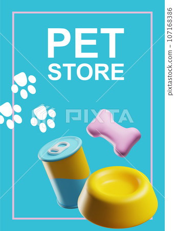 Poster tamplate with 3d rendering pet store food, toys, accessories and nutrition, vector cat and dog cute care shop Poster tamplate with 3d rendering pet store food, toys, accessories and nutrition, vector cat and dog cute care shop 107168386
