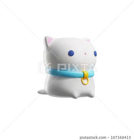 3d rendering cute white kitty, pussycat childish character, volumetric cartoon pet toy vector illustration, side view 107168413