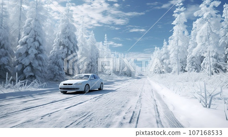 Car driving on snow covered forest road in winter. - Stock Illustration ...