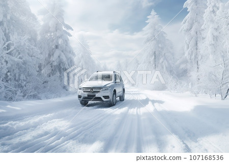 Car driving on snow covered forest road in winter. Car driving on snow covered forest road in winter. 107168536