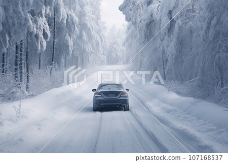 Car driving on snow covered forest road in winter. Car driving on snow covered forest road in winter. 107168537