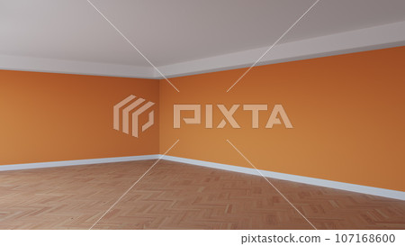 Corner of the Orange Interior with a White Ceiling and Cornice, Glossy Herringbone Parquet Floor, and a White Plinth. Unfurnished Room Concept. 3D rendering, Ultra HD 8K, 7680x4320, 300 dpi 107168600