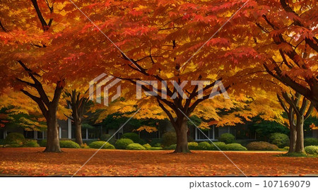 AI image of trees in the park turning red and yellow in autumn 107169079