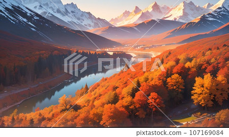 Autumn mountains and autumn leaves AI image 107169084