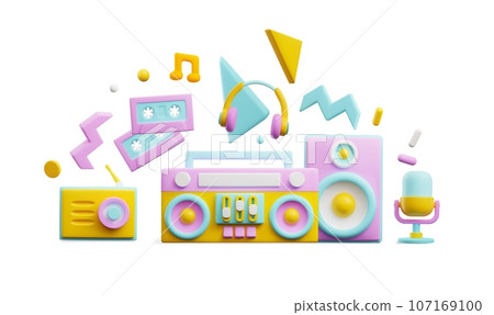 Retro 3D music listening and recording devices, vector boom box, cassette recorder, radio, headphones, microphone, party 107169100