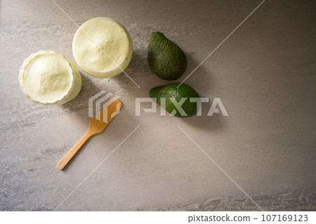 healthy breakfast with top view smoothie and avocado put on table healthy breakfast with top view smoothie and avocado put on table 107169123