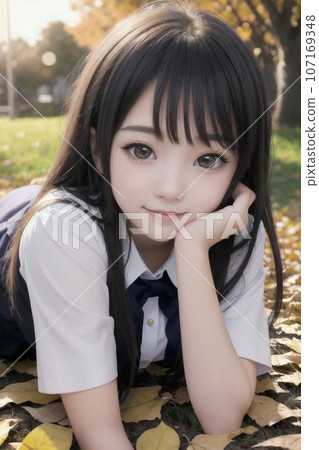 Autumn leaves at sunset and high school girl AI generated image Autumn leaves at sunset and high school girl AI generated image 107169348