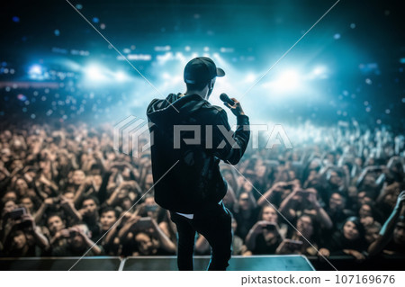 Rapper engaging with a large crowd during a live concert, showcasing the electrifying atmosphere and their commanding stage presence. Generative Ai 107169676