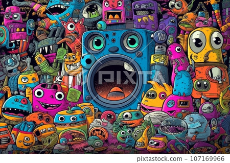 Illustration of vivid and psychedelic octopuses. The background consists of a kaleidoscope of colors, enhancing the lively and whimsical atmosphere. Generative AI 107169966