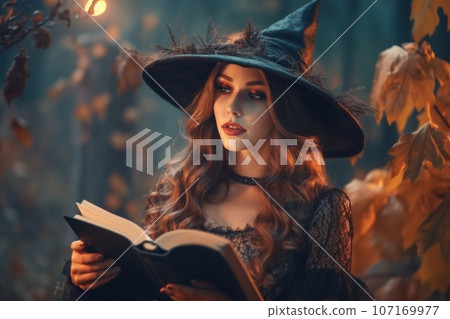Halloween witch with magic book of spells. She is in front of pumpkins and candles , creating a mystic atmosphere for doing witchcraft. Spooky background of the dark magical forest. Generative AI 107169977