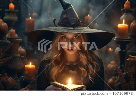 Halloween witch with magic book of spells. She is in front of pumpkins and candles , creating a mystic atmosphere for doing witchcraft. Spooky background of the dark magical forest. Generative AI 107169978