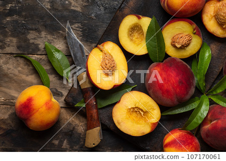 Fresh ripe peaches, close up 107170061