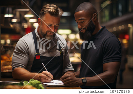 A mentoring or coaching with a manager providing guidance and support to a younger employee, highlighting mentorship and career development. Generative Ai 107170186