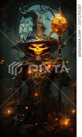 Digital illustration artwork featuring a pumpkin guardian under a dark and ominous sky, in a evil creepy realm. Generative Ai 107170187