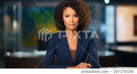 Serious African American female TV presenter tells breaking news. Serious African American female TV presenter tells breaking news. 107170336
