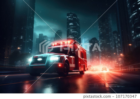 Emergency ambulance car fast driving on night city downtown district with motion blur. 107170347