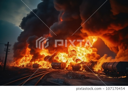 View of a train derailed exploding with fire and smoke. 107170454